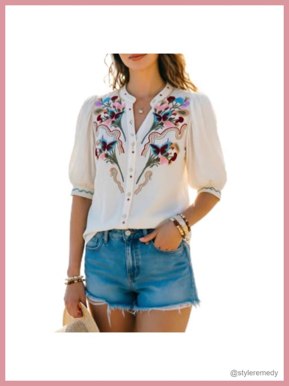 Boho Floral Embroidered Button Down Blouse Puff Sleeve Peasant Top